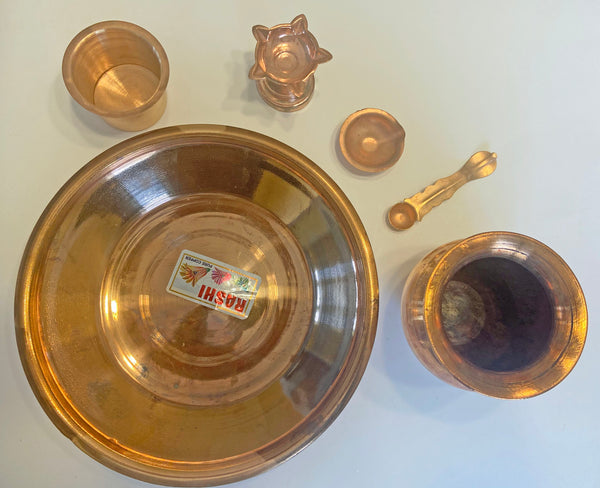 Copper Puja Set - Thali, 2 Diyas, Panch Patra, Spoon, and Kalash
