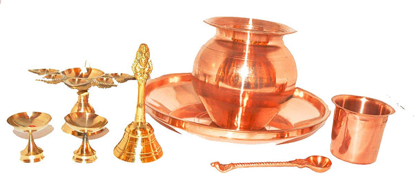 Puja Set - Copper Thali, Kalash, Glass, Spoon, Brass Divi, Panch Aarti & Ghanti