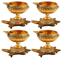 Set of 4 Handmade Indian Puja Brass Oil Lamp 4 inch - Golden Diya Lamp Engraved Design Dia