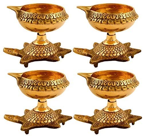 Set of 10 Handmade Indian Puja Brass Oil Lamp - Golden Diya Lamp Engraved Design Dia with Turtle Base